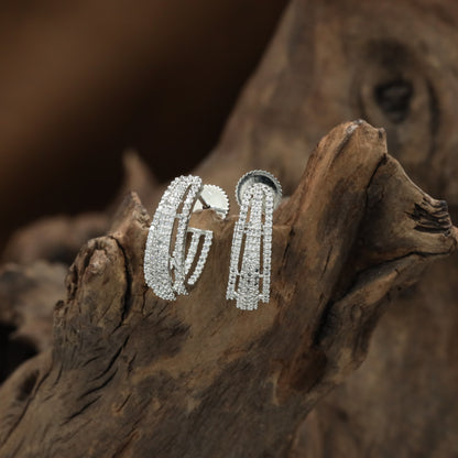 Parallel Line Rhodium Stud with Layered Strip Layout and Open Curve Styling