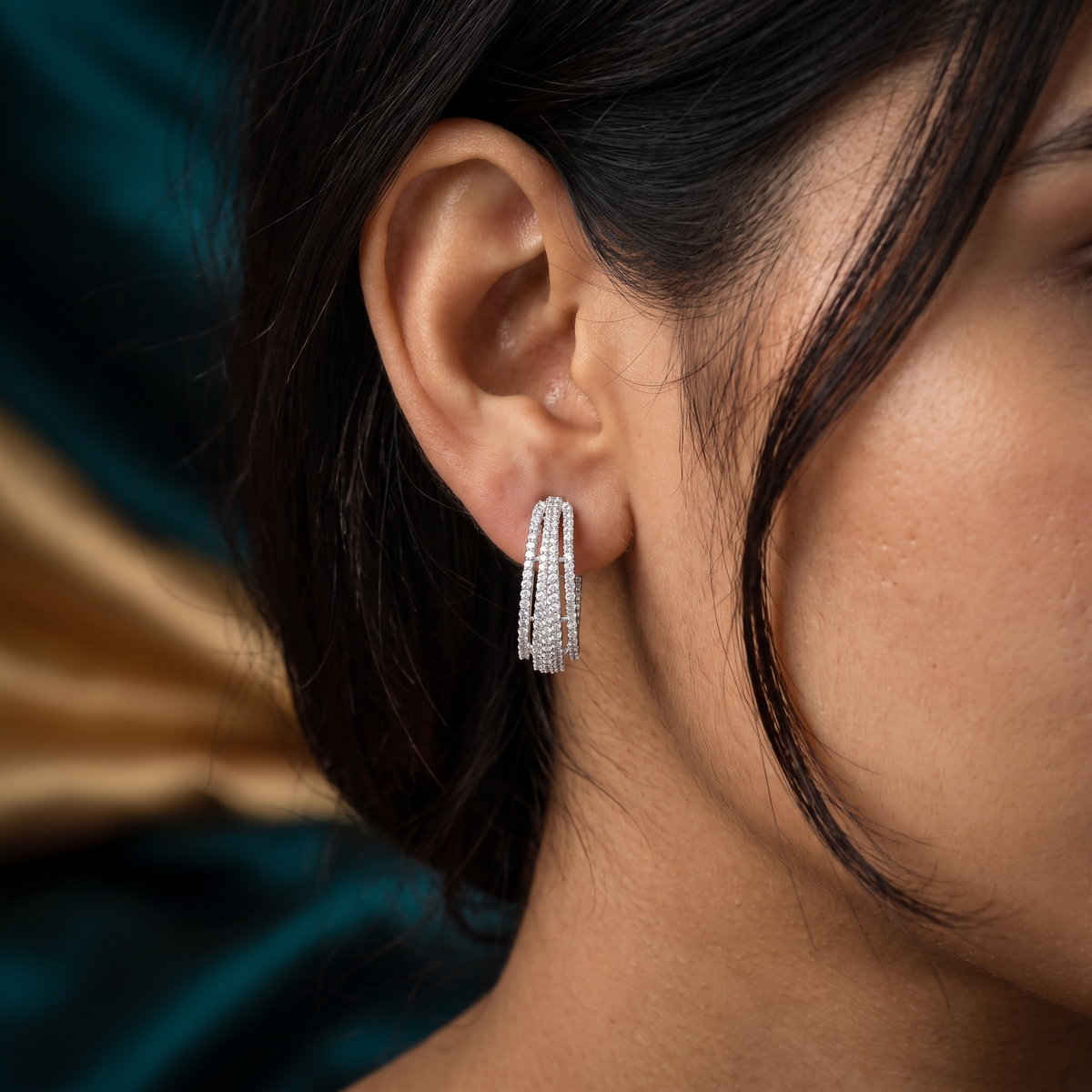Parallel Line Rhodium Stud with Layered Strip Layout and Open Curve Styling