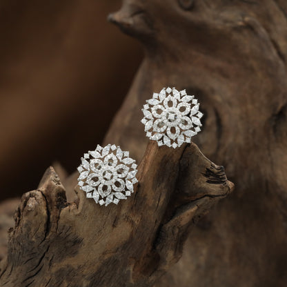 Petal Orbit Rhodium Stud with Dense Flower Arrangement and Raised Borders