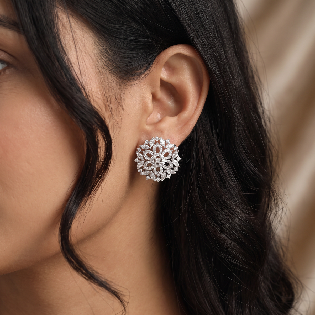 Petal Orbit Rhodium Stud with Dense Flower Arrangement and Raised Borders