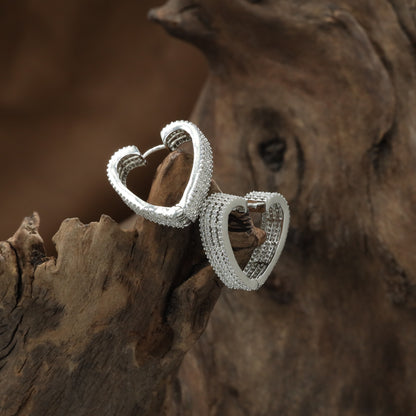 Heart Frame Rhodium Stud with Rounded Openwork Structure and Paved Edges