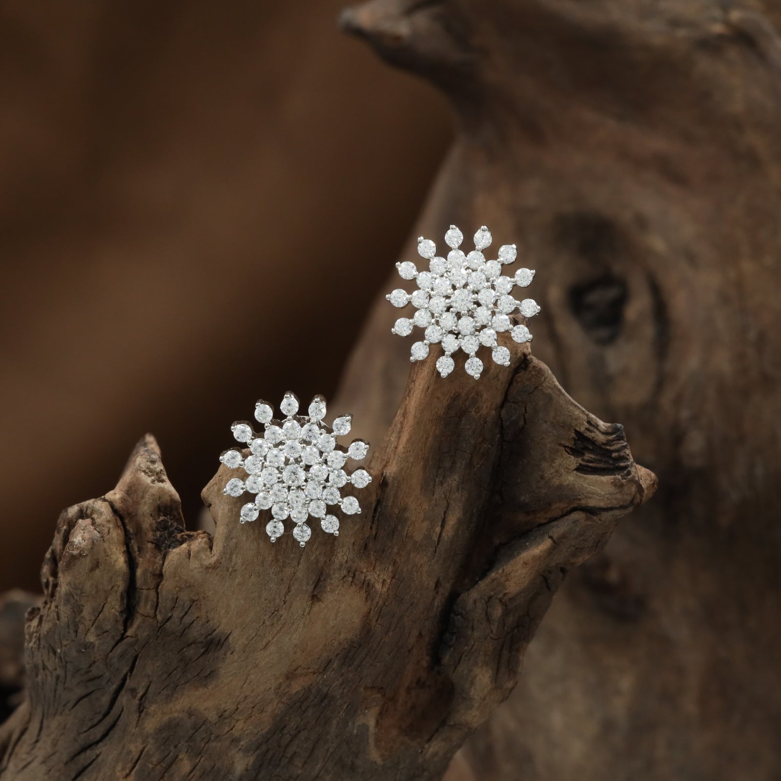 Petal Burst Rhodium Stud with Layered Floral Arrangement and Rounded Borders