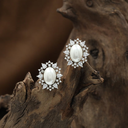 Petal Halo Rhodium Stud with Oval Pearl Center and Floral Edge Layout