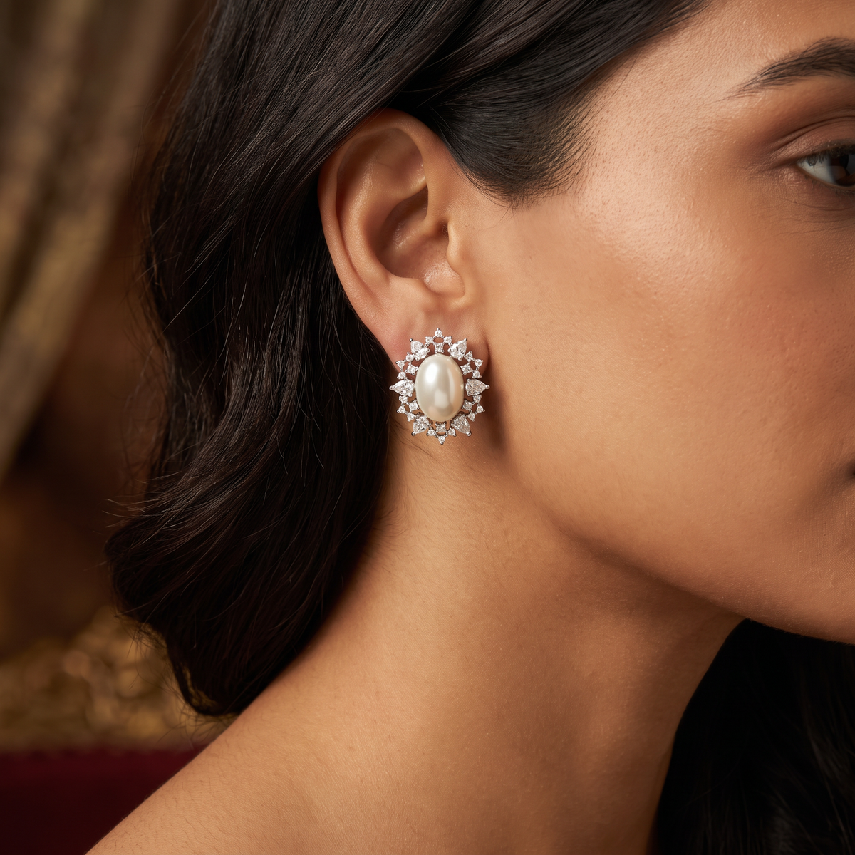 Petal Halo Rhodium Stud with Oval Pearl Center and Floral Edge Layout