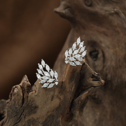 Royal Leaf Rhodium Stud with Compact Marquise Formation and Detailed Styling