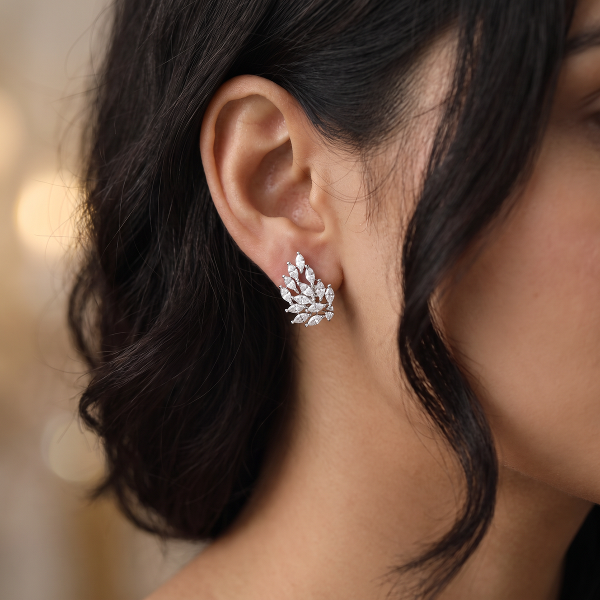 Royal Leaf Rhodium Stud with Compact Marquise Formation and Detailed Styling