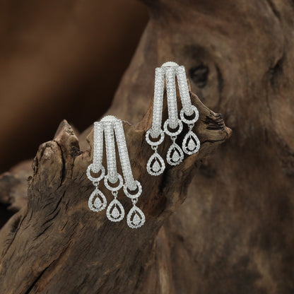 Party Wear Rhodium Stud with Hanging Border Arrangement and Connector Styling