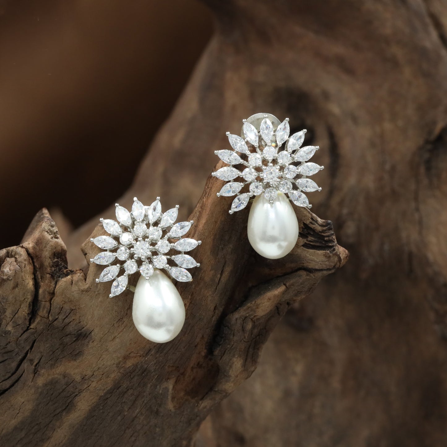 Regal Rhodium Stud with Full Floral Cluster, Pointed Petals and Suspended Drop