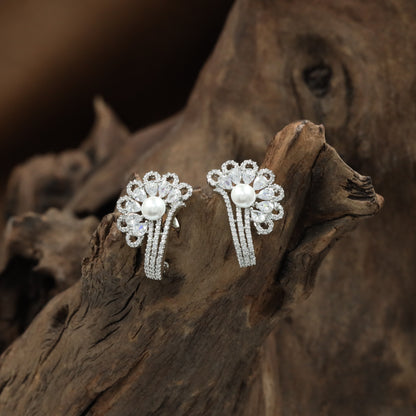 Floral Arc Rhodium Stud with Layered Fan Pattern and Strip Detailing