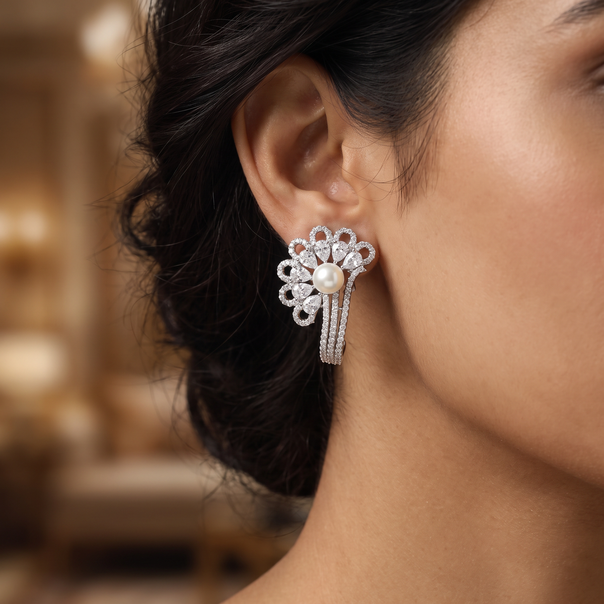 Floral Arc Rhodium Stud with Layered Fan Pattern and Strip Detailing