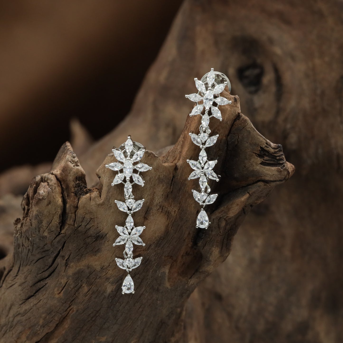 Floral Trail Rhodium Stud with Marquise Leaf Styling and Hanging Teardrop