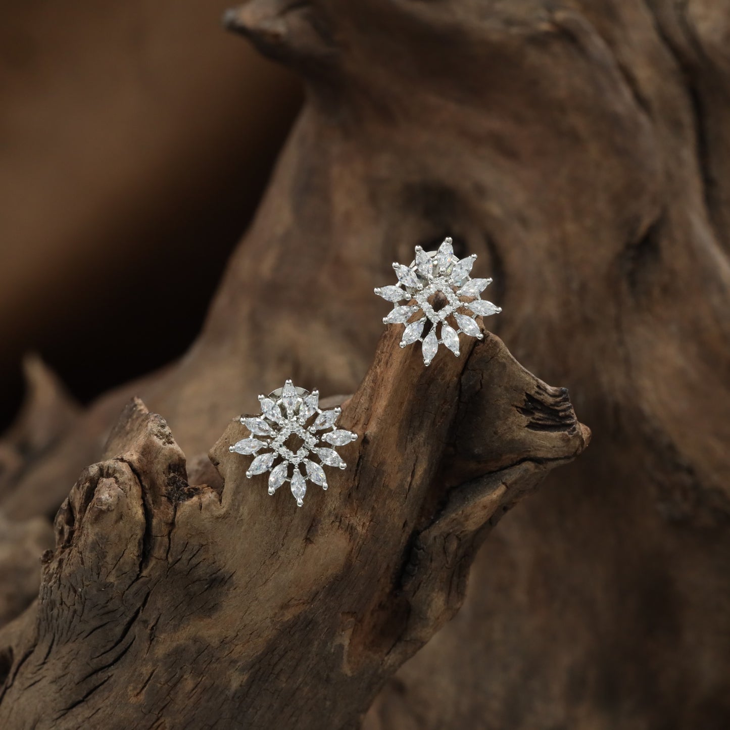 Star Rhodium Stud with Structured Floral Layout and Radiating Detailing