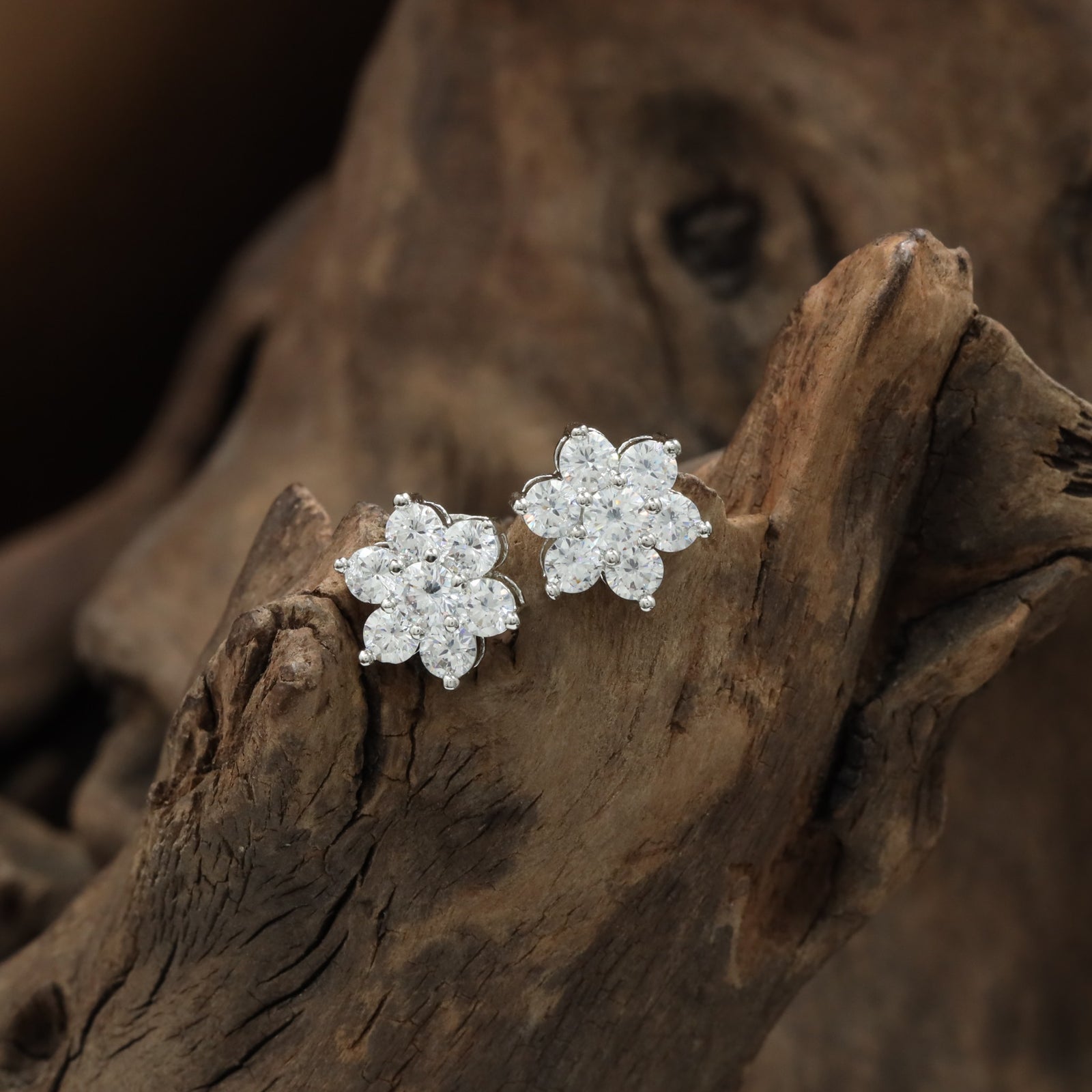 Daisy Petal Rhodium Stud with Floral Border Layout and Rounded Styling