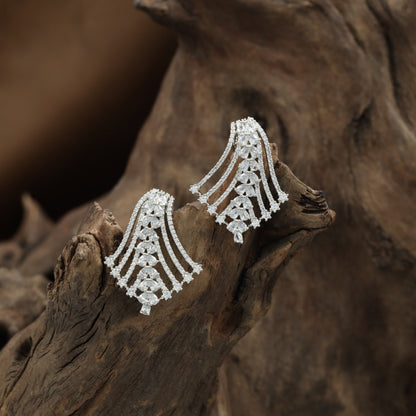 Wave Fringe Rhodium Stud with Layered Fan Styling and Hanging Pear Drops