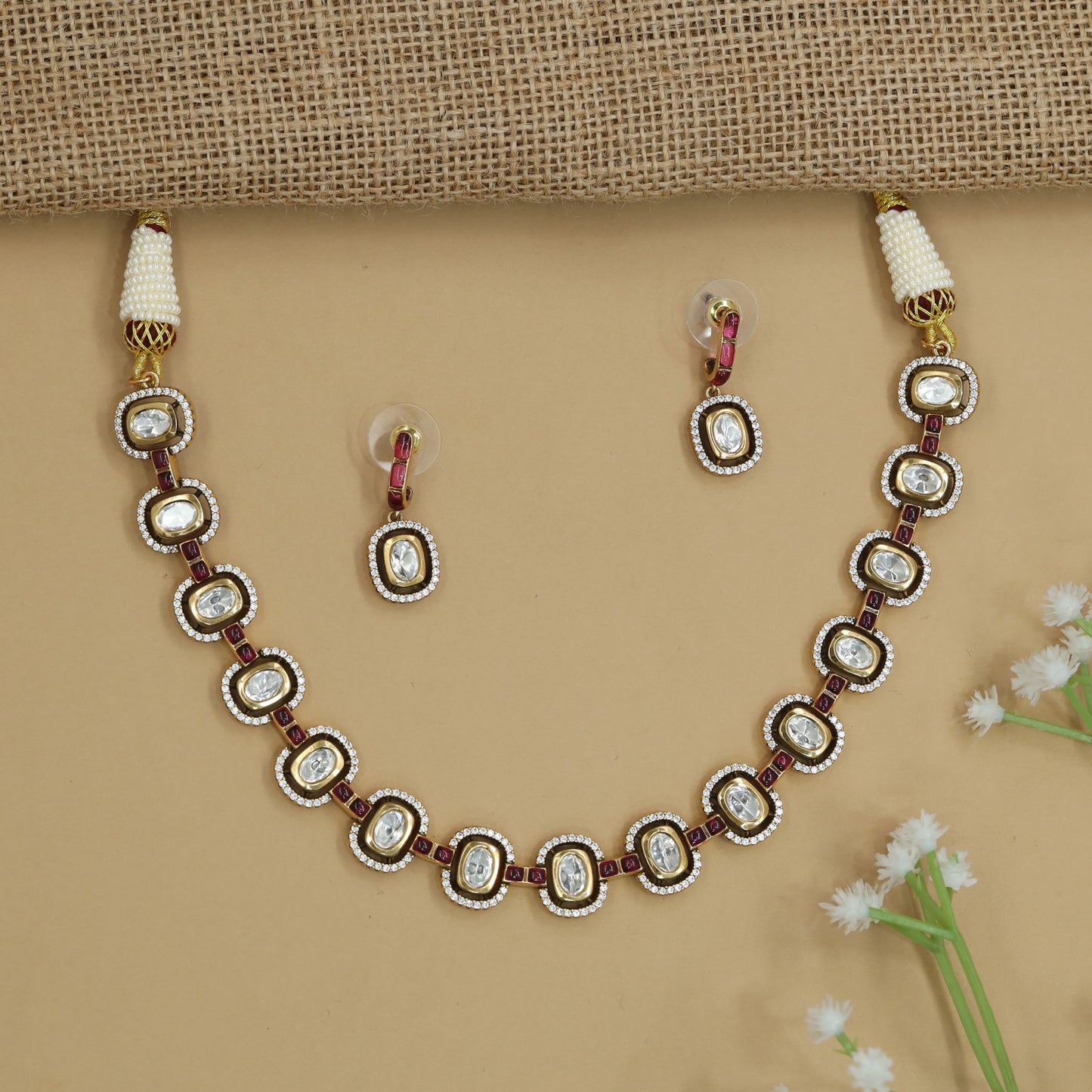 Grand Border Kundan Necklace with Oval Connector Placement and Coordinated Earrings