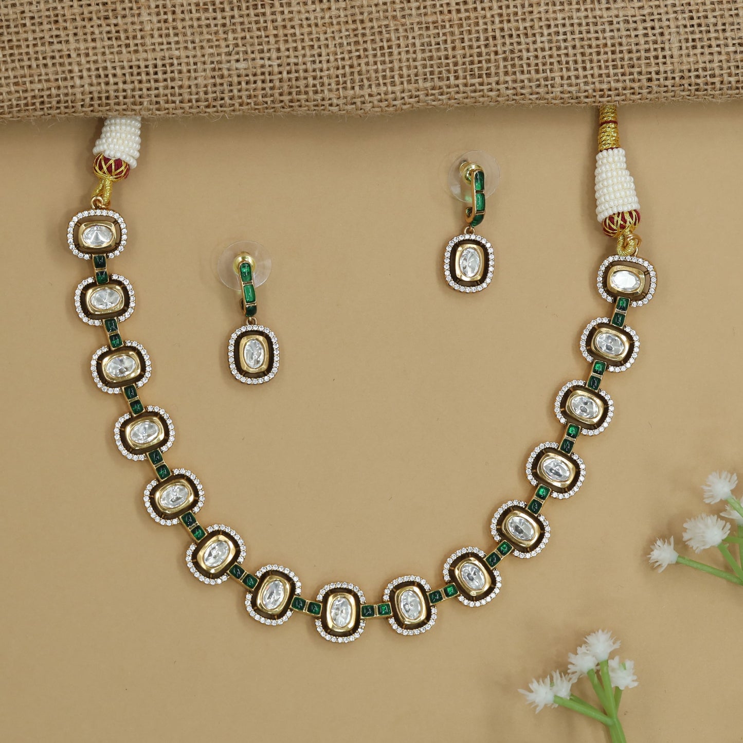 Grand Border Kundan Necklace with Oval Connector Placement and Coordinated Earrings