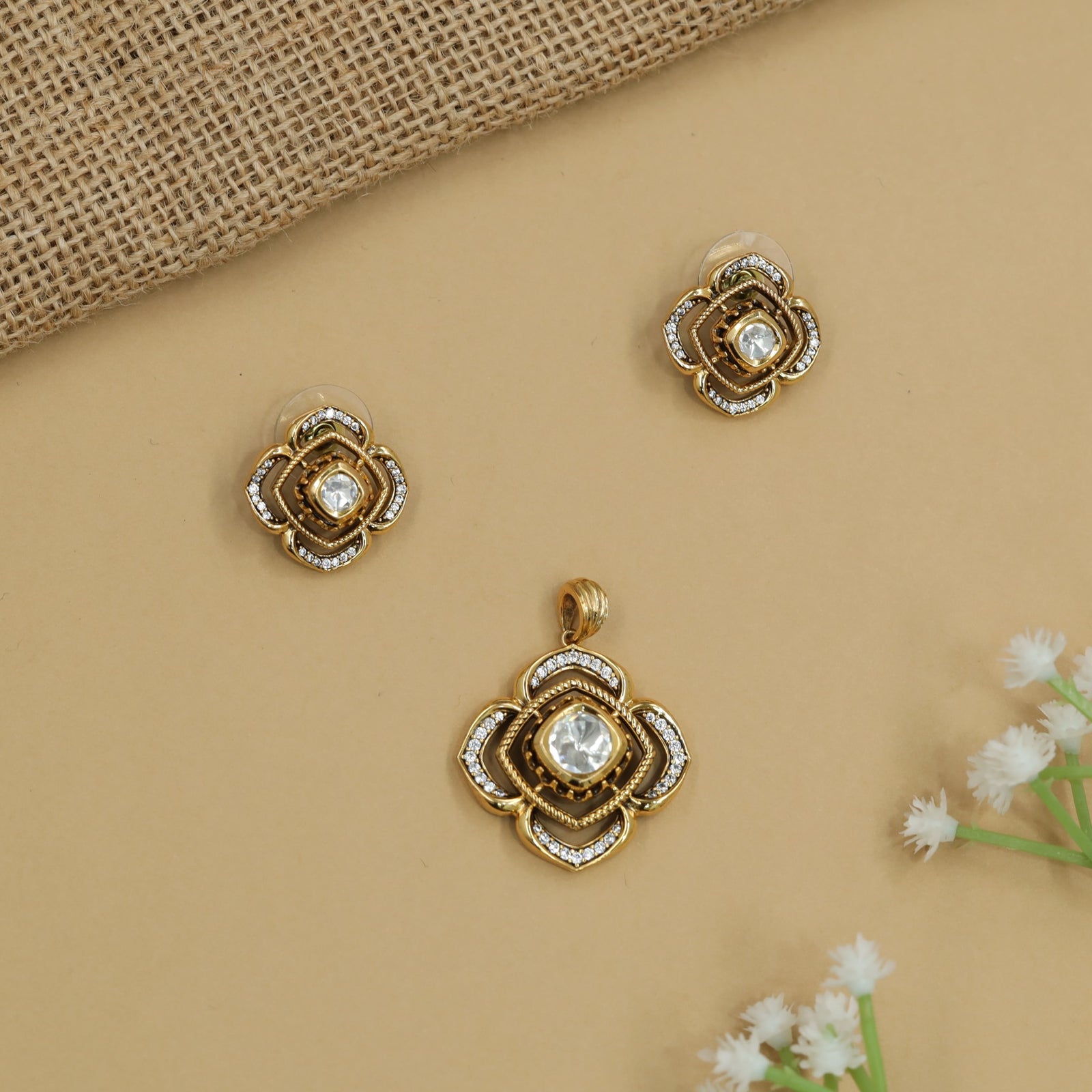 Lotus Frame Pendant Set with Floral Square Layout and Raised Placement