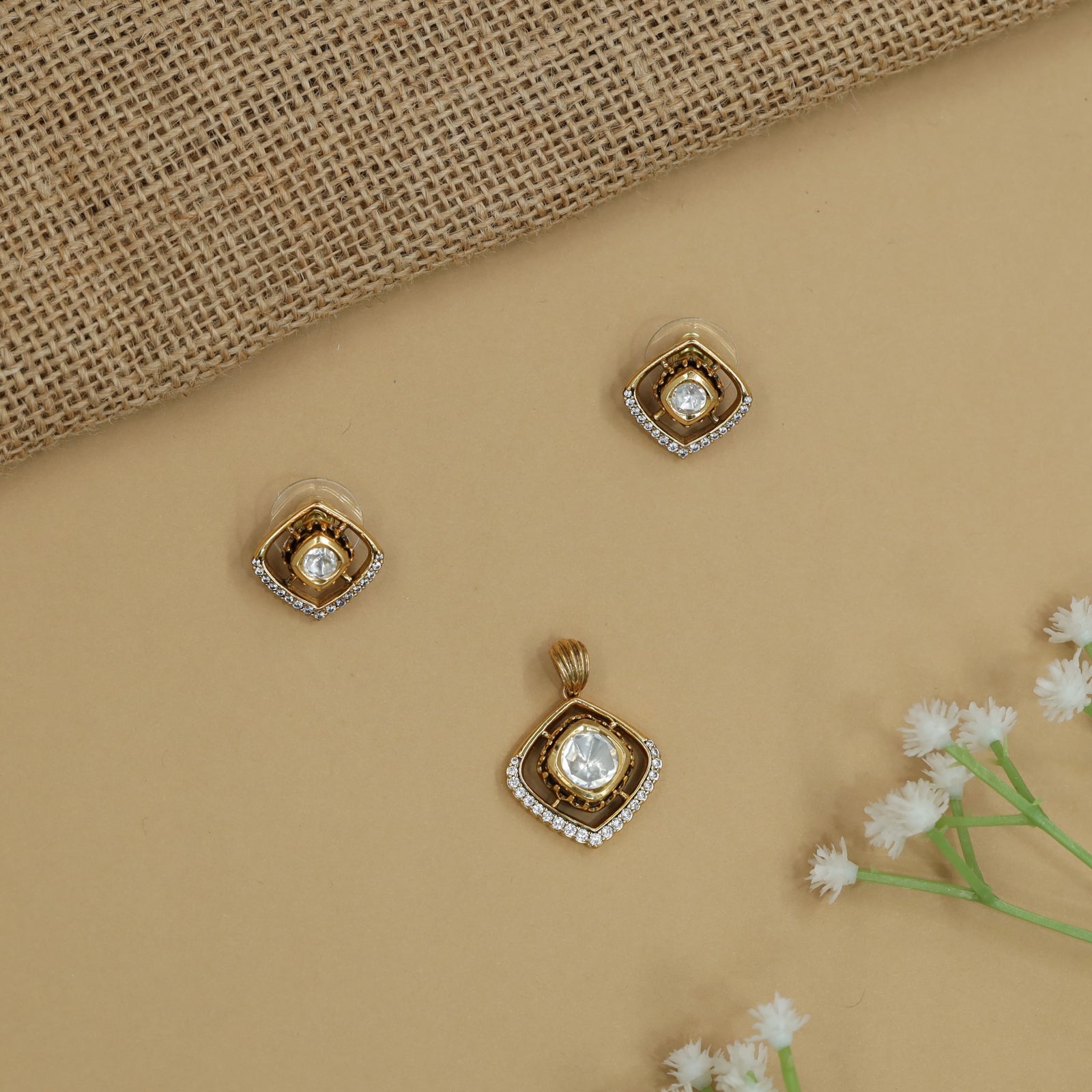 Ornate Square Pendant Set with Double Frame Arrangement and Matching Studs