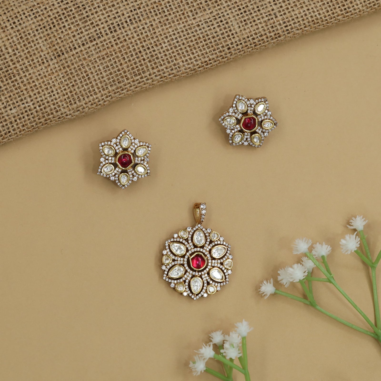 Royal Floral Pendant Set featuring Compact Bloom Arrangement and Matching Studs