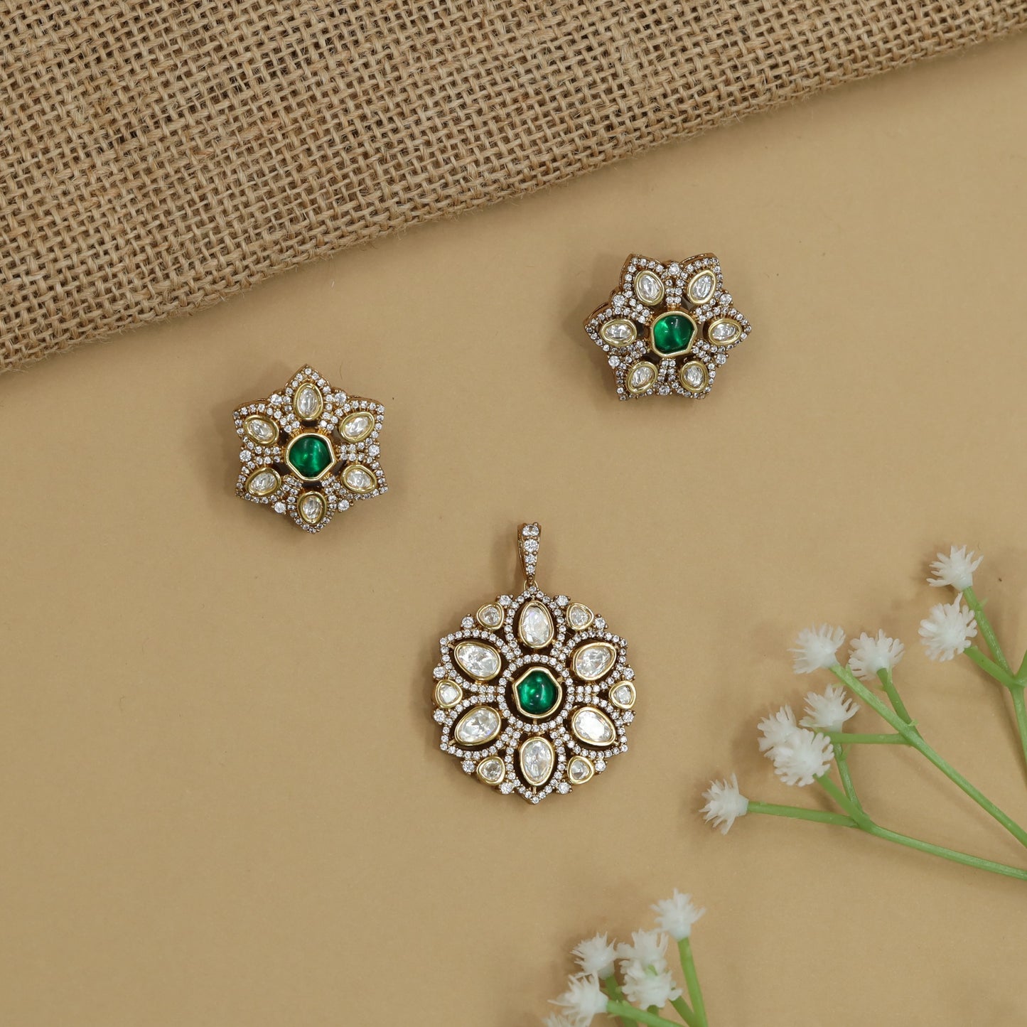 Royal Floral Pendant Set featuring Compact Bloom Arrangement and Matching Studs