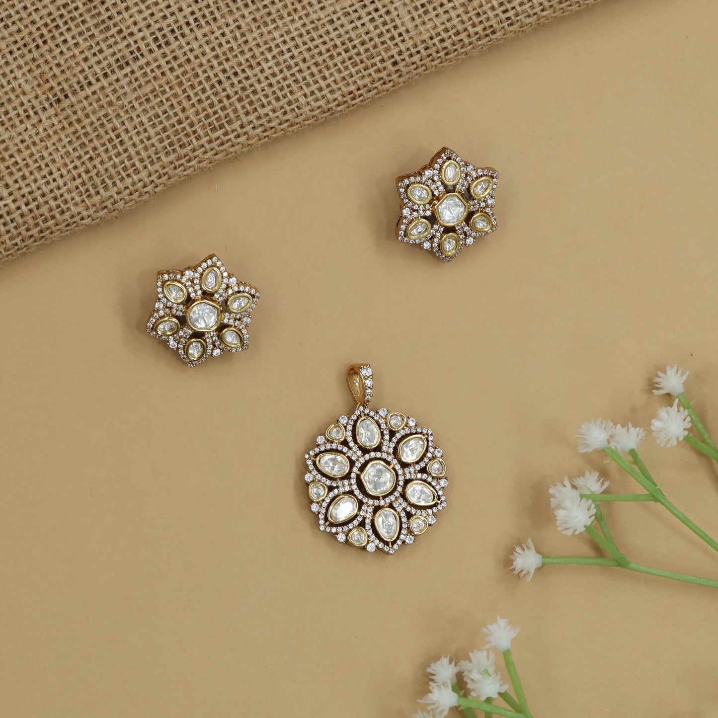 Royal Floral Pendant Set featuring Compact Bloom Arrangement and Matching Studs