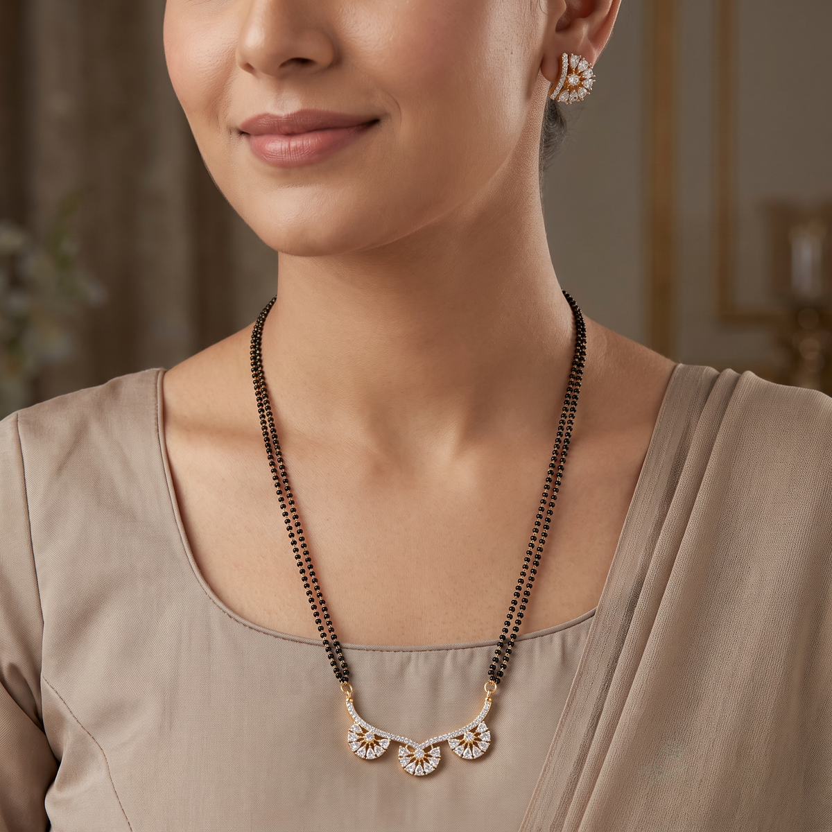 Classic Floral Curve Mangalsutra with Triple Pendant Structure