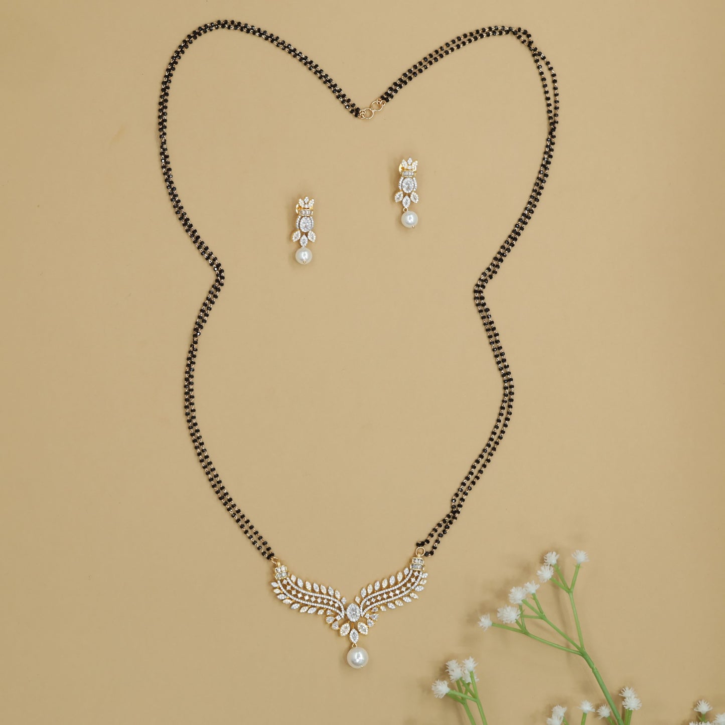 Wing Pattern Gj Mangalsutra with Pearl Drop Center Pendant Arrangement