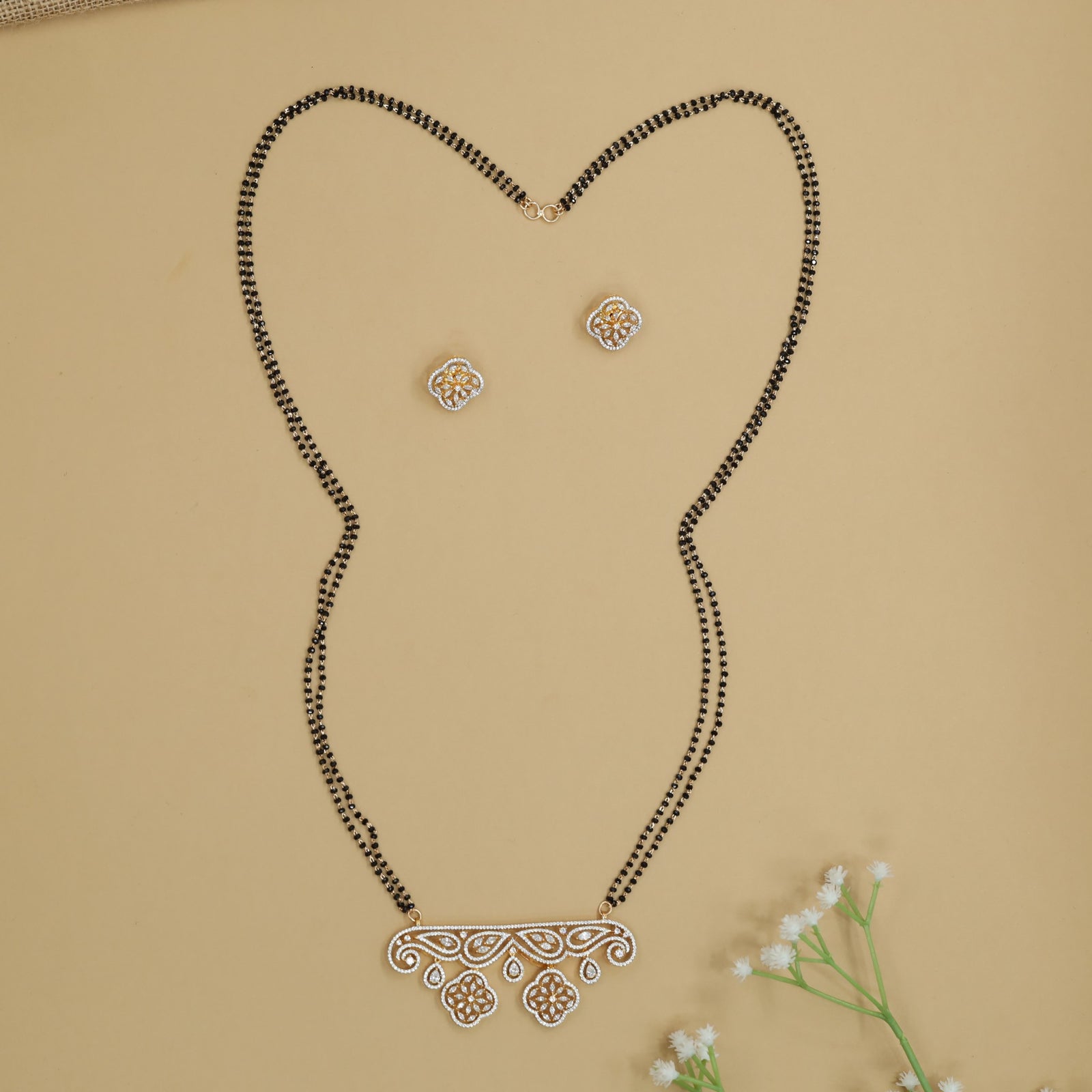 Twin Charm Gj Mangalsutra with Curved Open Border Pendant Styling