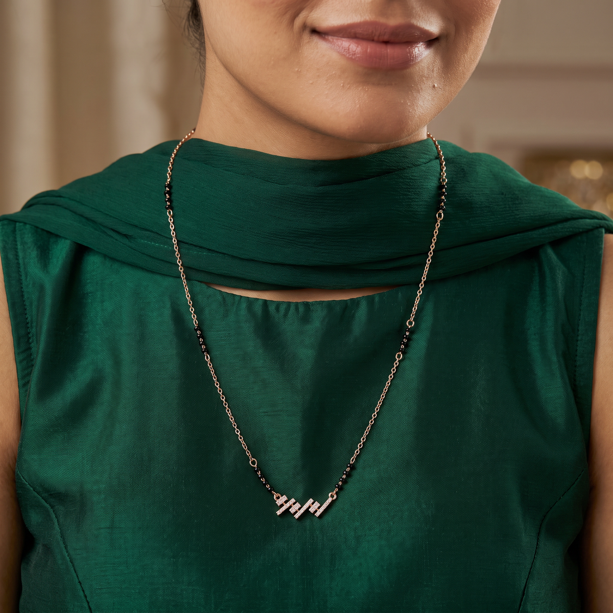 Zigzag Bar Rose Gold Mangalsutra with Geometric Pendant Design
