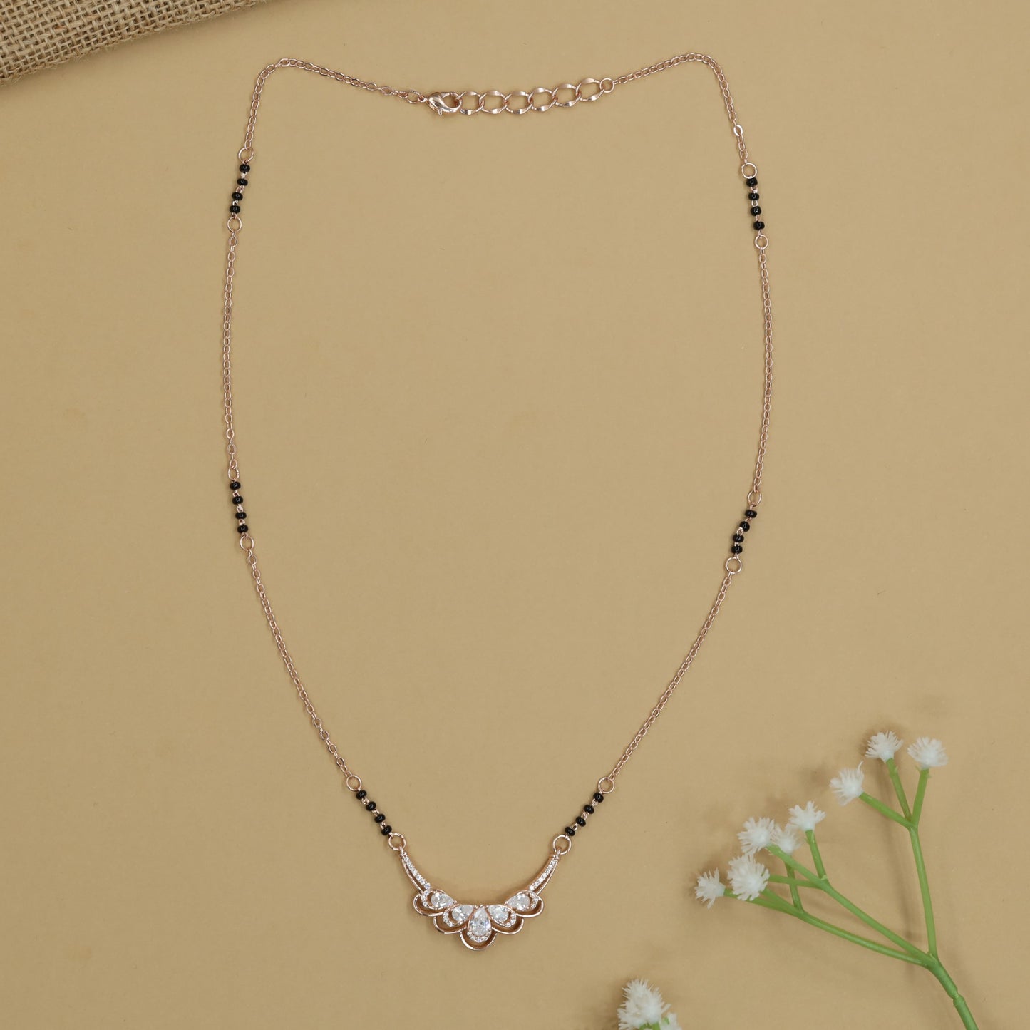 Curved Leaf Rose Gold Mangalsutra with Fan Drop Pendant