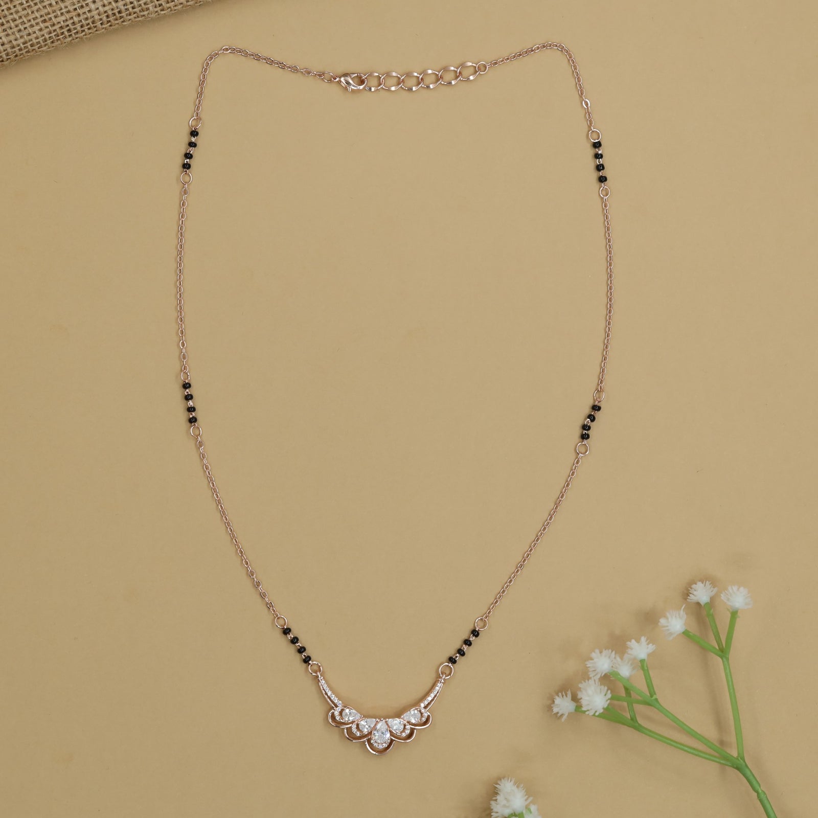 Curved Leaf Rose Gold Mangalsutra with Fan Drop Pendant