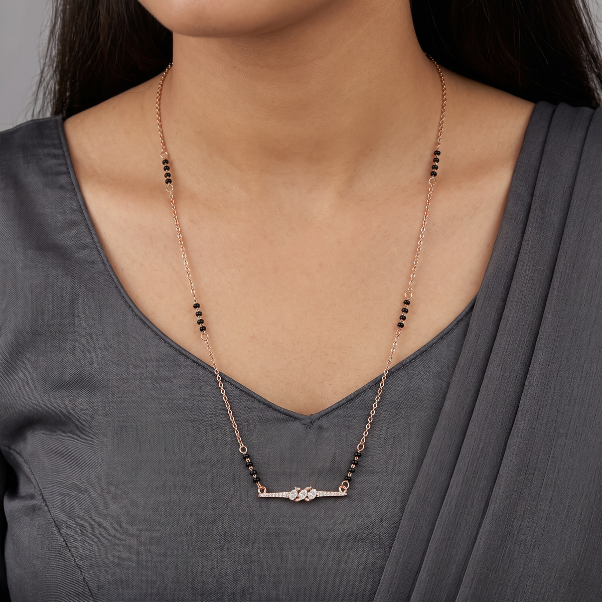 Gold Polish Mangalsutra with Bead Clusters and Slim Bar
