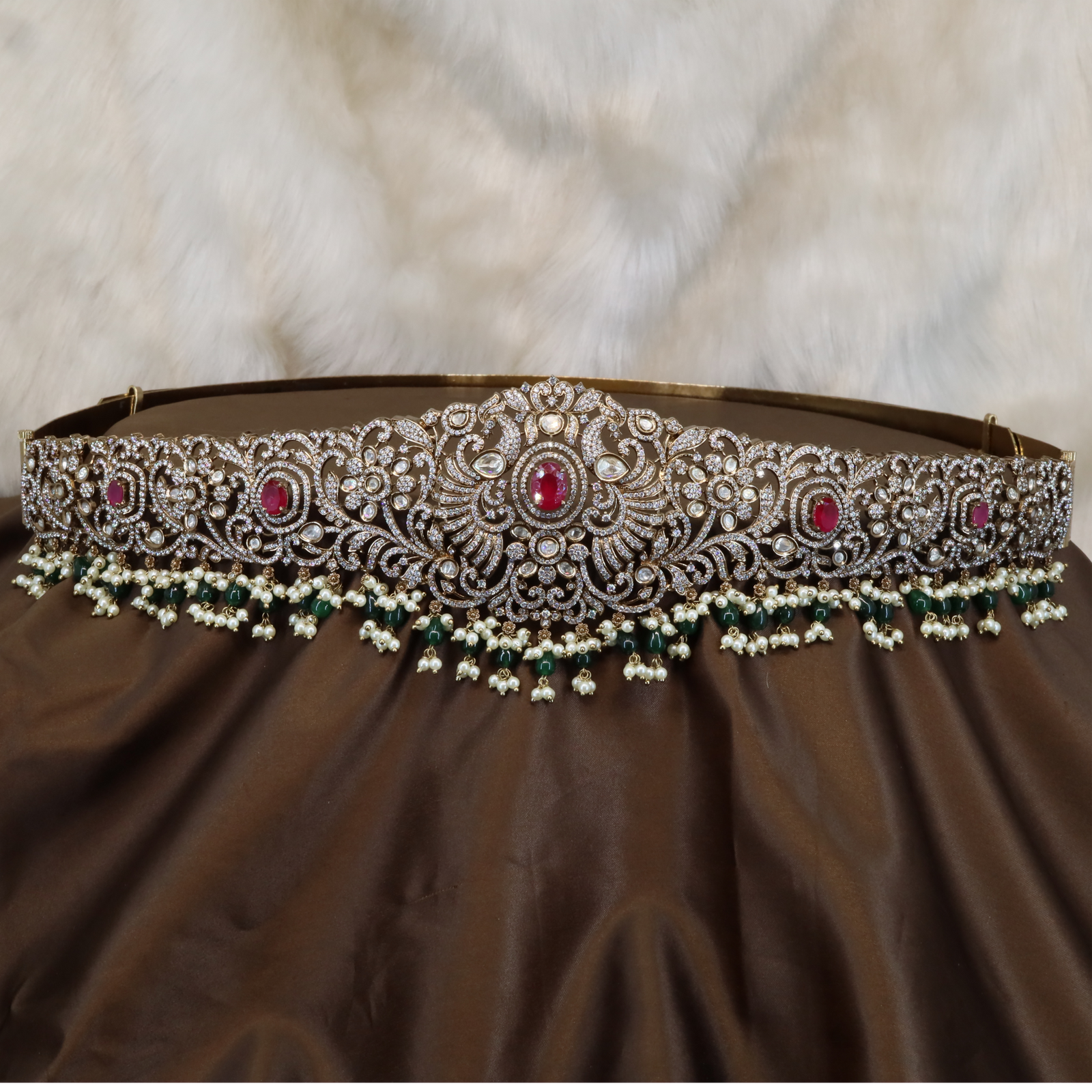 Elegant Peacock Pattern Waist Dabu with Bead Drops