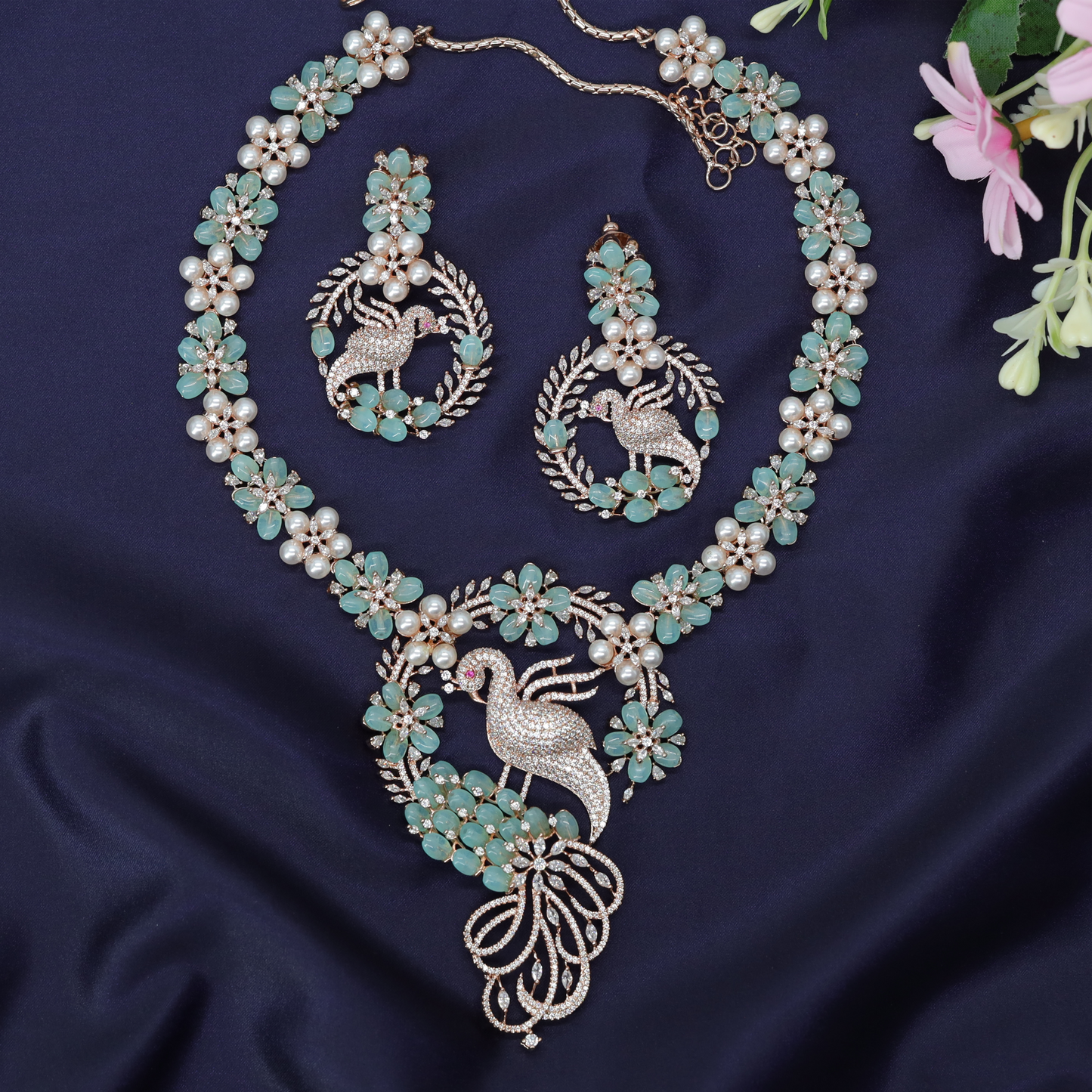Classic Swan Pattern Necklace with Floral Crystal Connectors and Pendant
