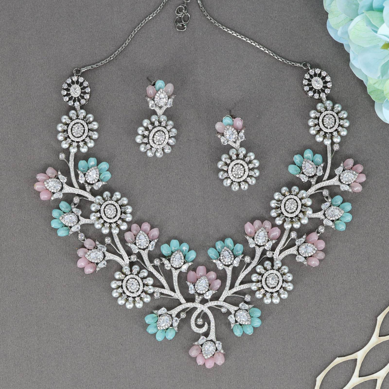 Mint and Blush Floral  Crytalstal Necklace Set with Pearl Sunburst Motifs