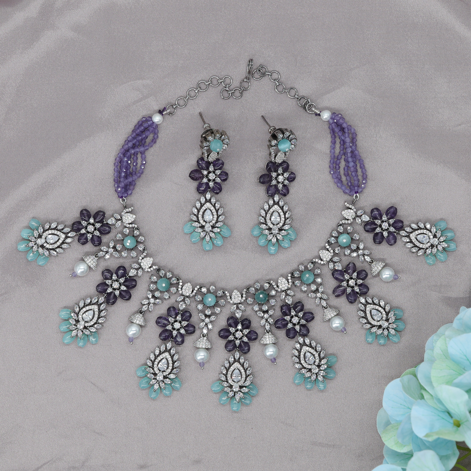 Artisan Floral Statement Necklace Set with Crystal Leaf Elements