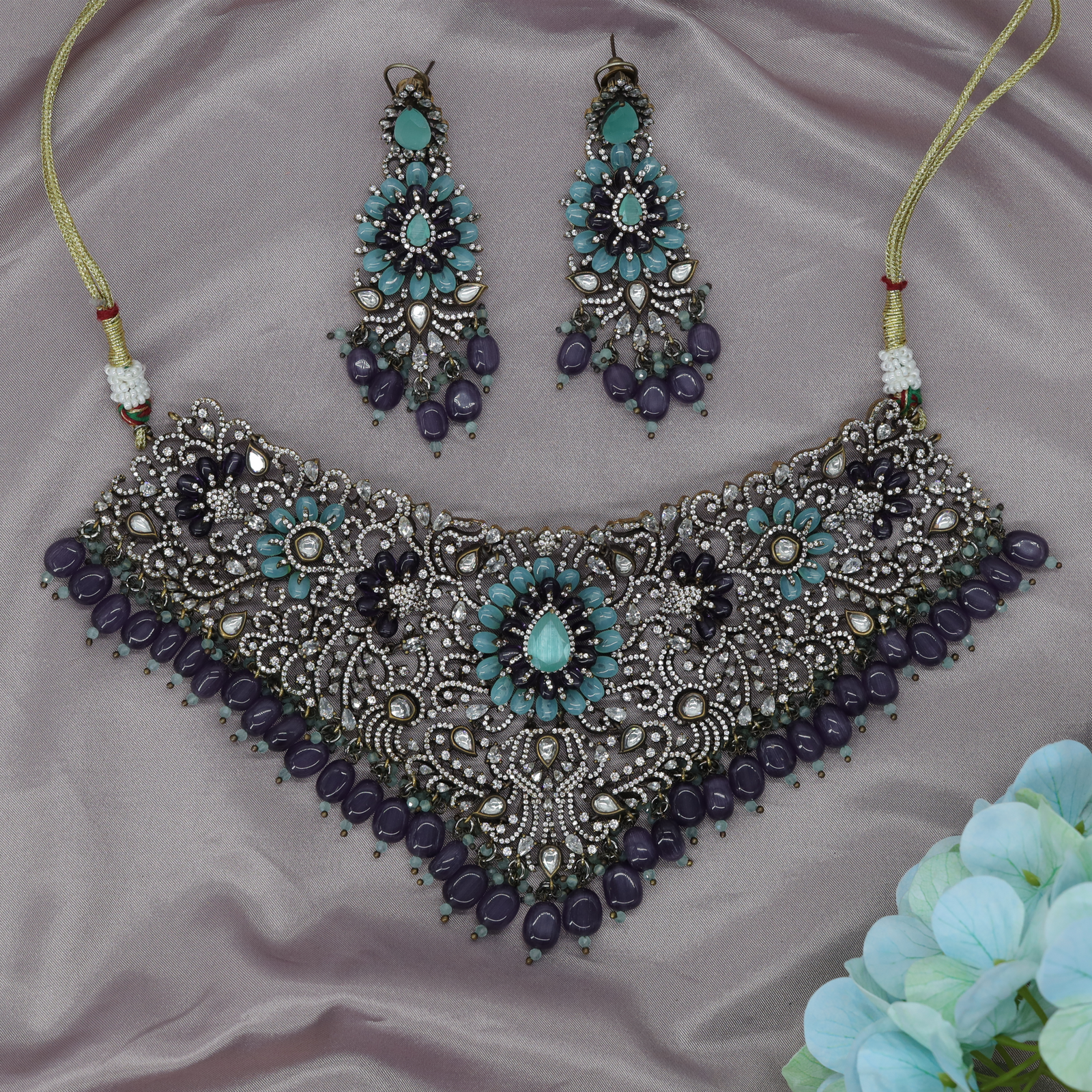 Handcrafted Floral Crystal Choker Necklace with Teardrop Stone Pendant