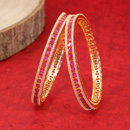 Slim Emerald Line Gold Bangles with Crystal Border Detailing
