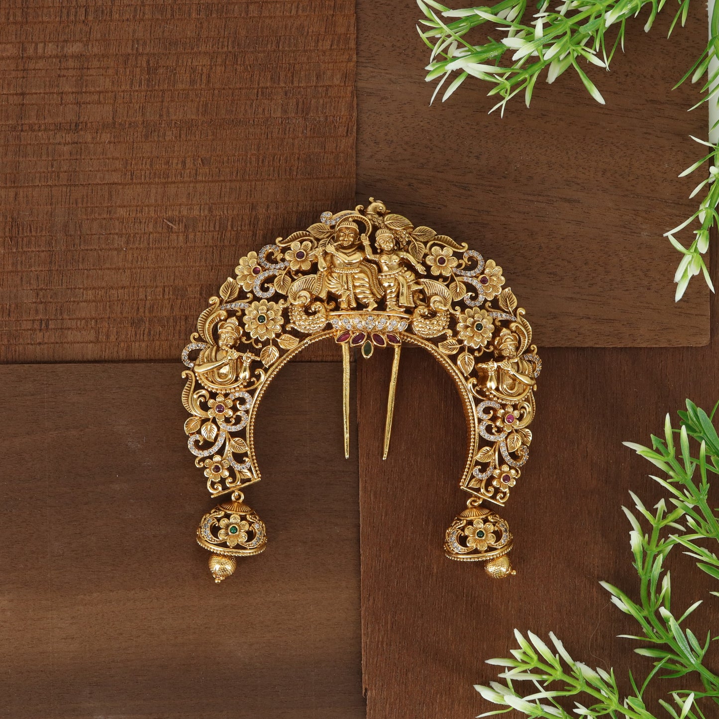 Sacred Krishna Radha Arch Ornament with Floral Scroll Panels and Jumka Drops