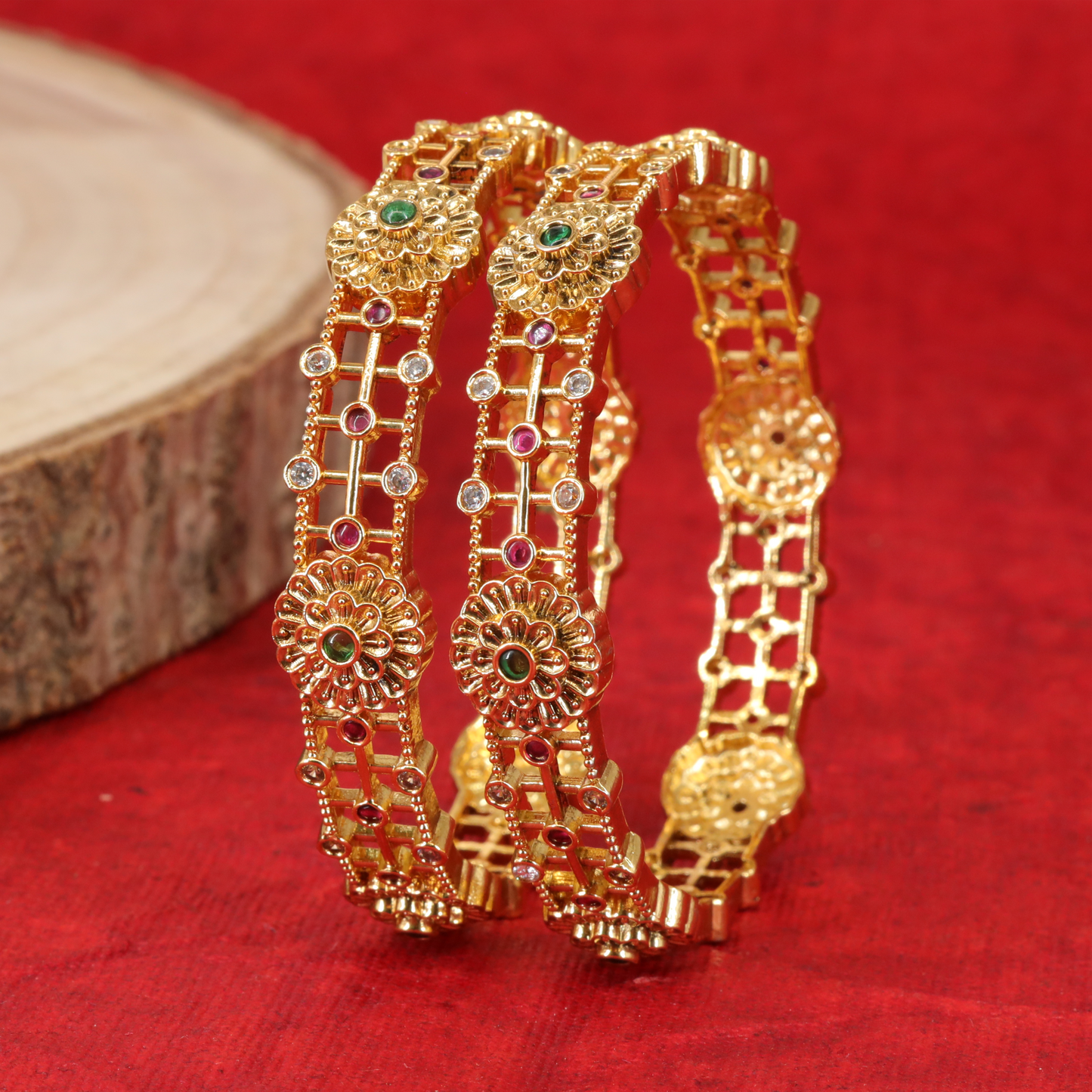 Charumati Floral Roundel Bangles with Lattice Frame and Stone Intervals