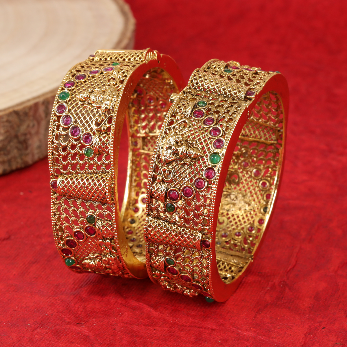 Regal Temple Mesh Bangles with Deity Relief Panels and Gem Halo Border