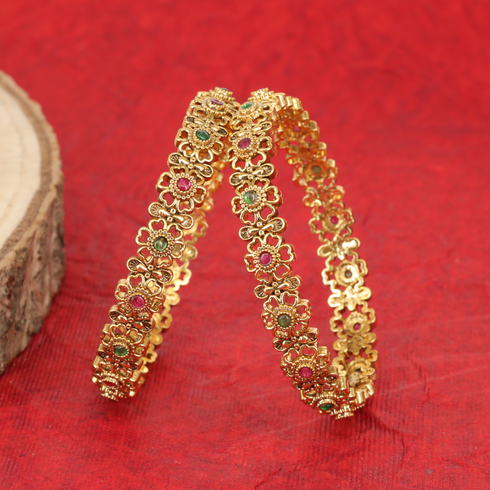 Garden Blossom Chain Bangles with Gem Centre Flowers
