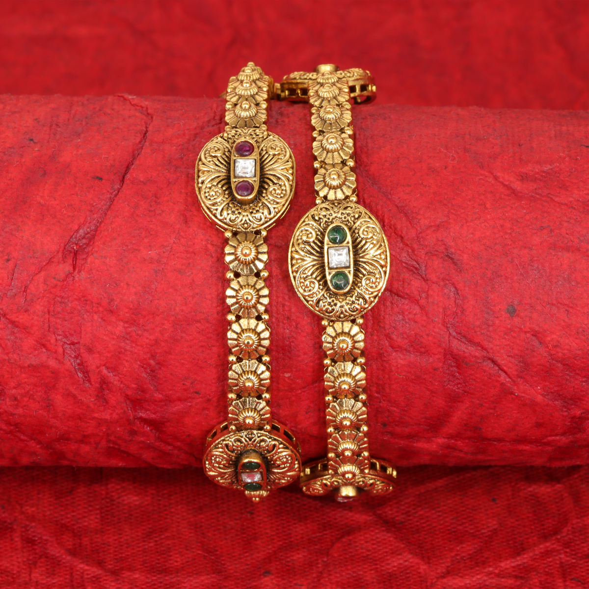 Heritage Crest Link Bangles with Oval Gem Medallion Centre