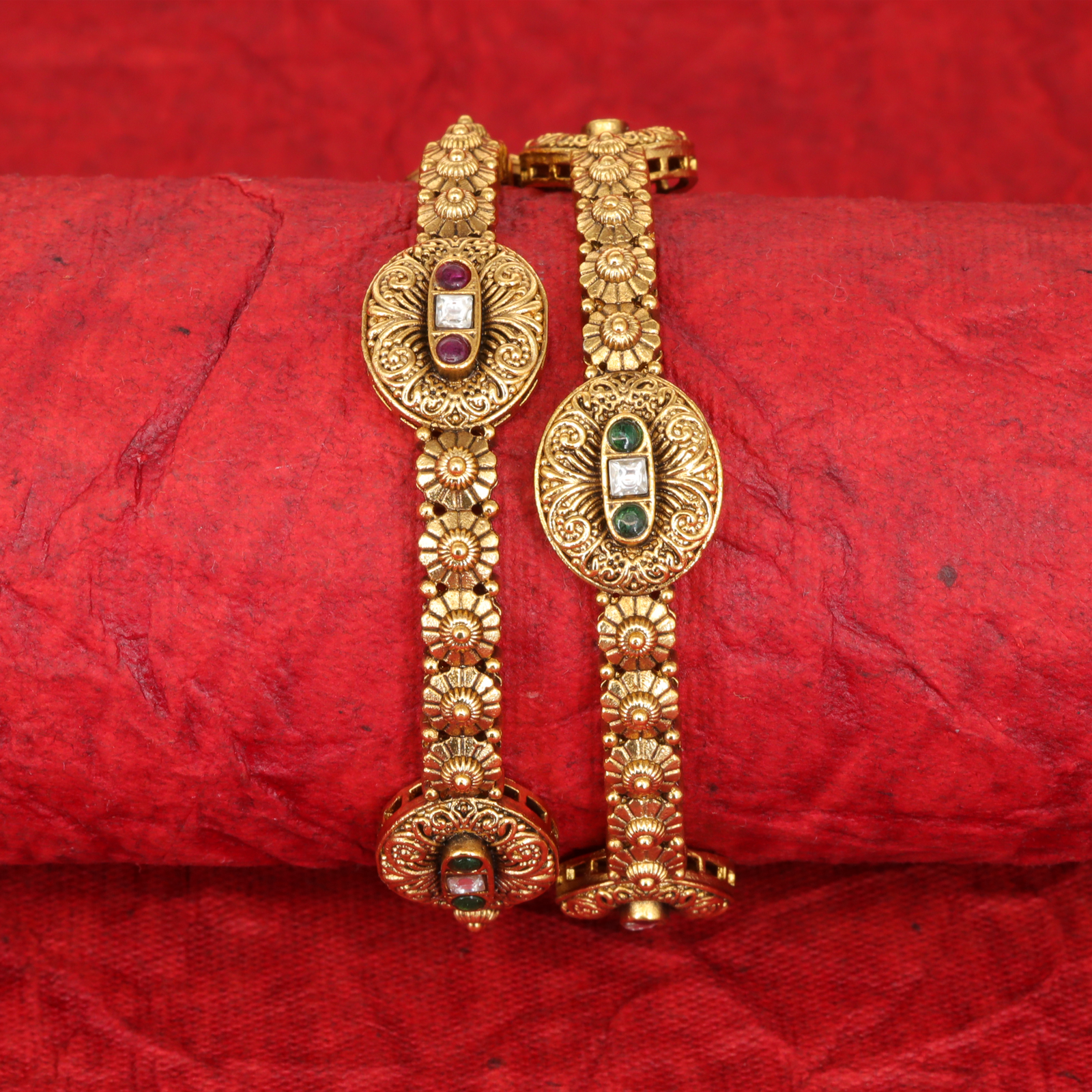 Heritage Crest Link Bangles with Oval Gem Medallion Centre
