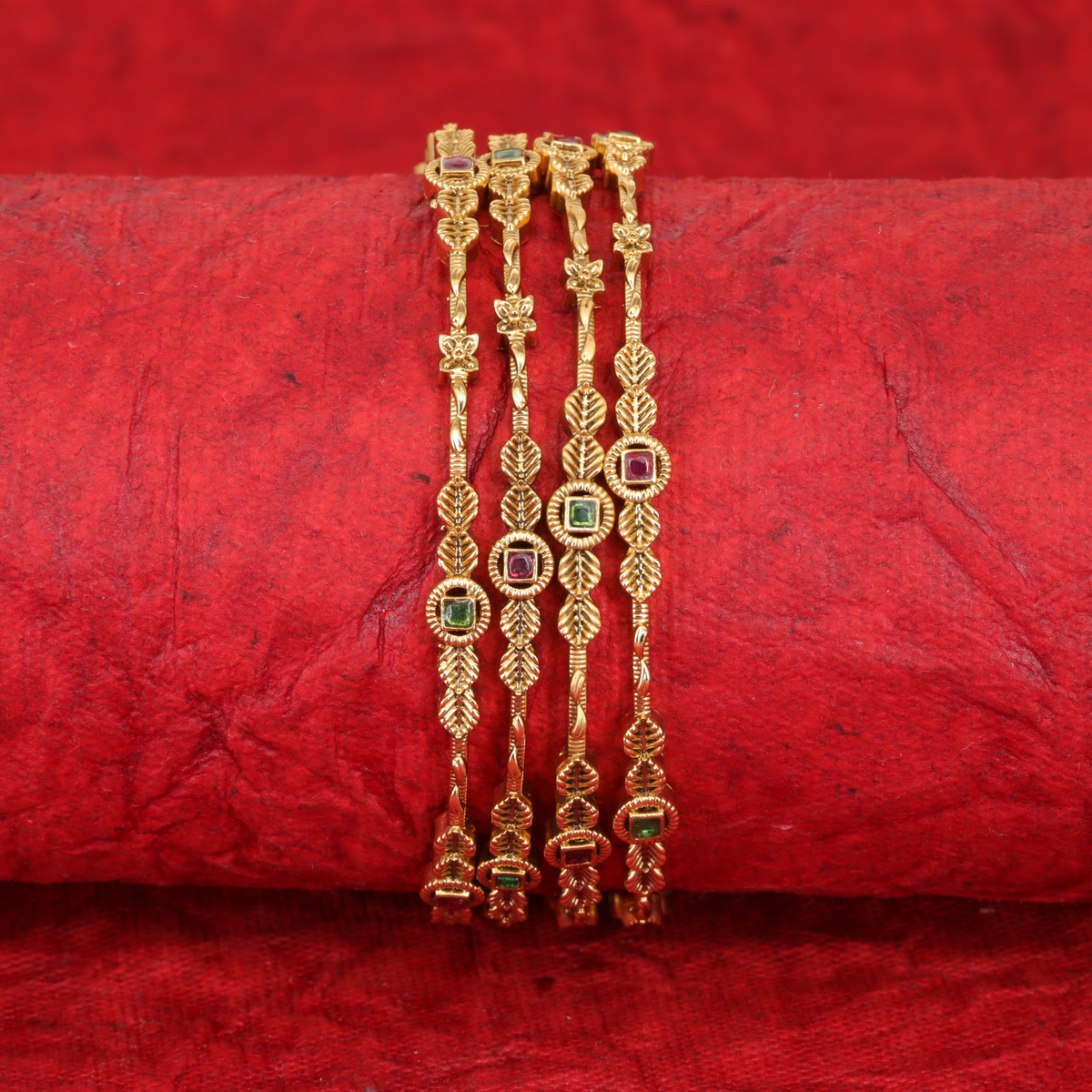 Chandravalli Leaf Link Bangles with Square Gem Medallions