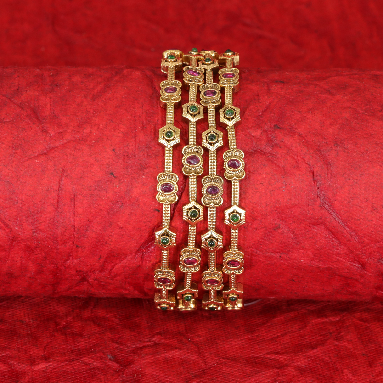 Chandravalli Floral Medallion Link Bangles with Round Gem Centres