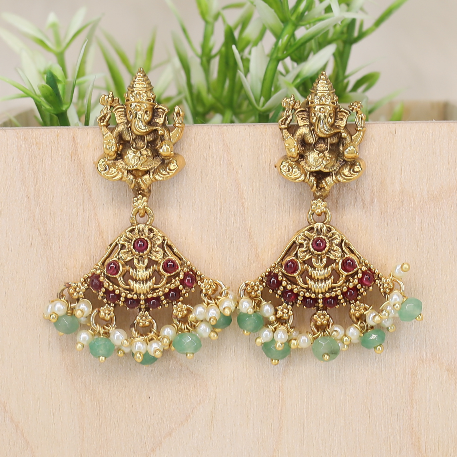 Adhritika Ganesha Crest Hanging with Emerald Pearl Fringe