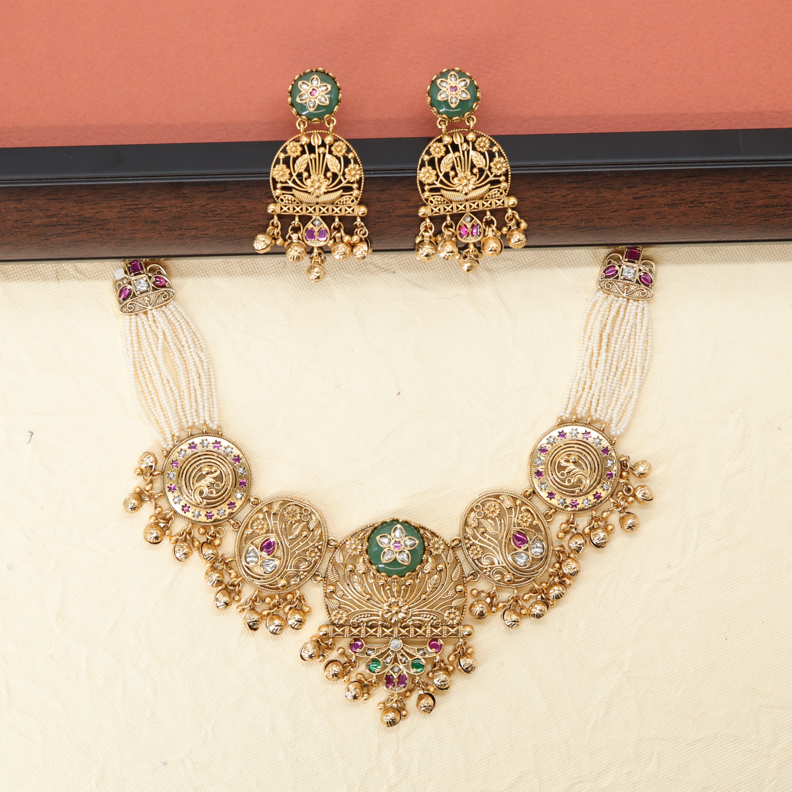 Pearl Side Chain Necklace with Temple Coin Motifs