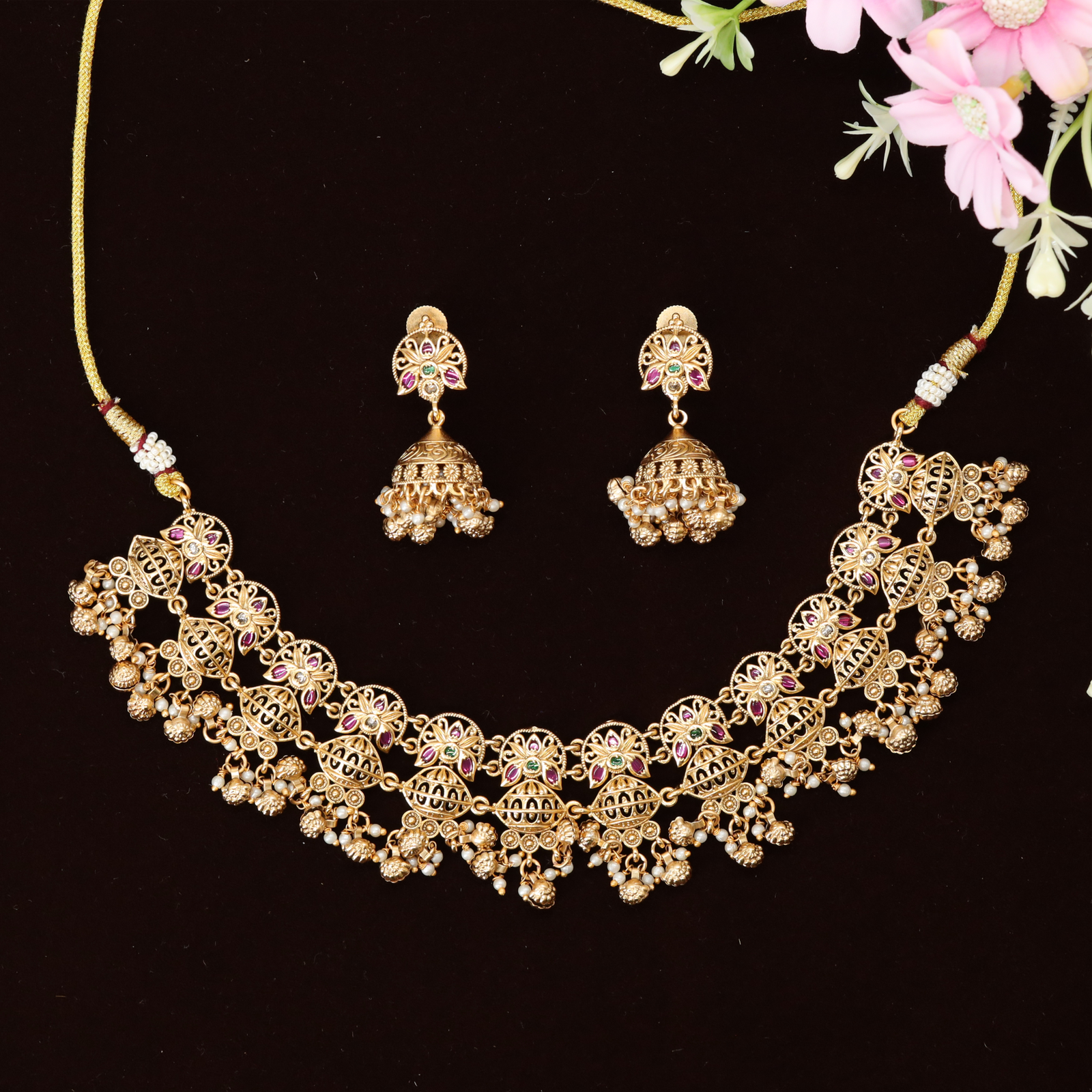 Floral Design Necklace with Dangling Bead Border