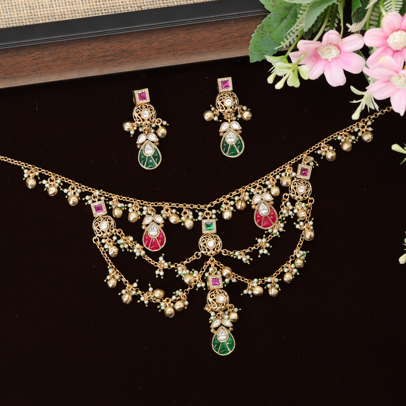 Layered Necklace with Multiple Hanging Beads